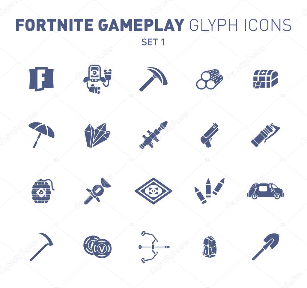 Popular epic game glyph icons. Vector illustration of military facilities. Robot, pickaxe, crystal, and weapons. Solid flat design. Set 1 of blue icons