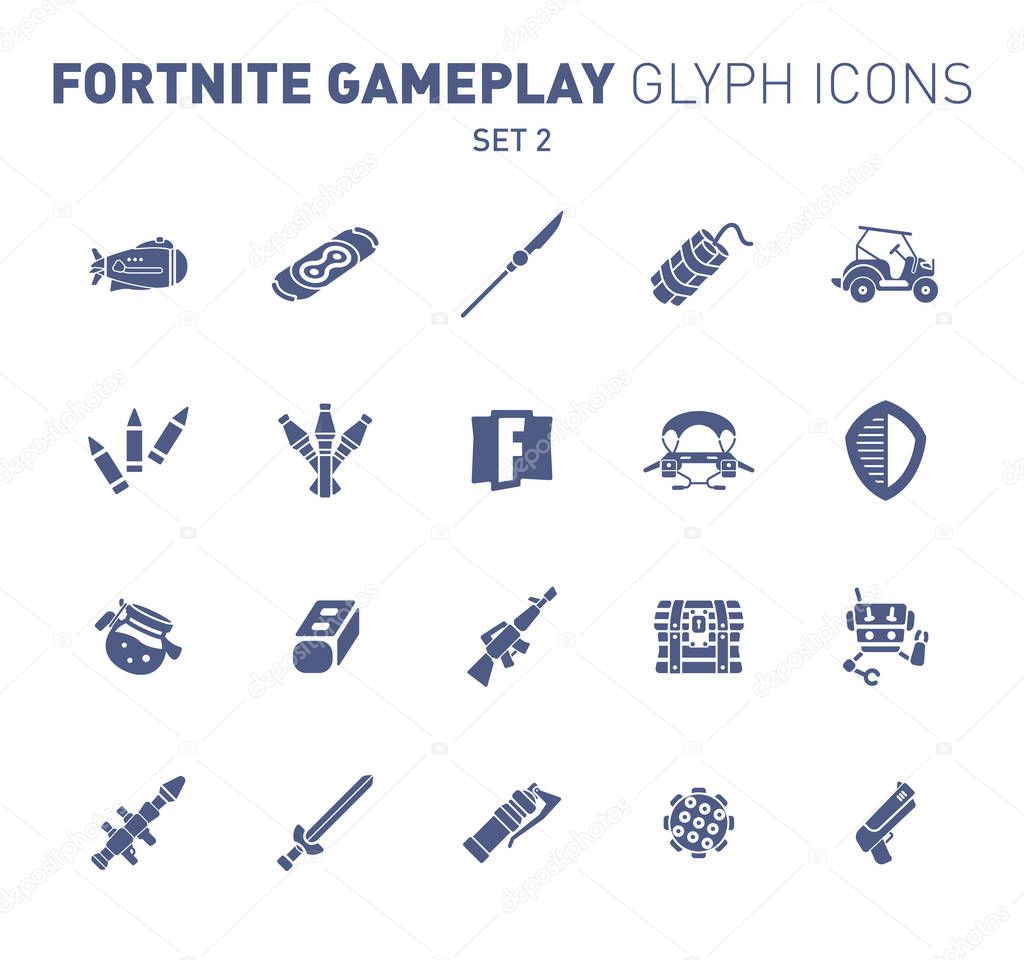 Popular epic game glyph icons. Vector illustration of military facilities. Airship, spear, grenade, vehicle and other weapons. Solid flat design. Set 2 of blue icons