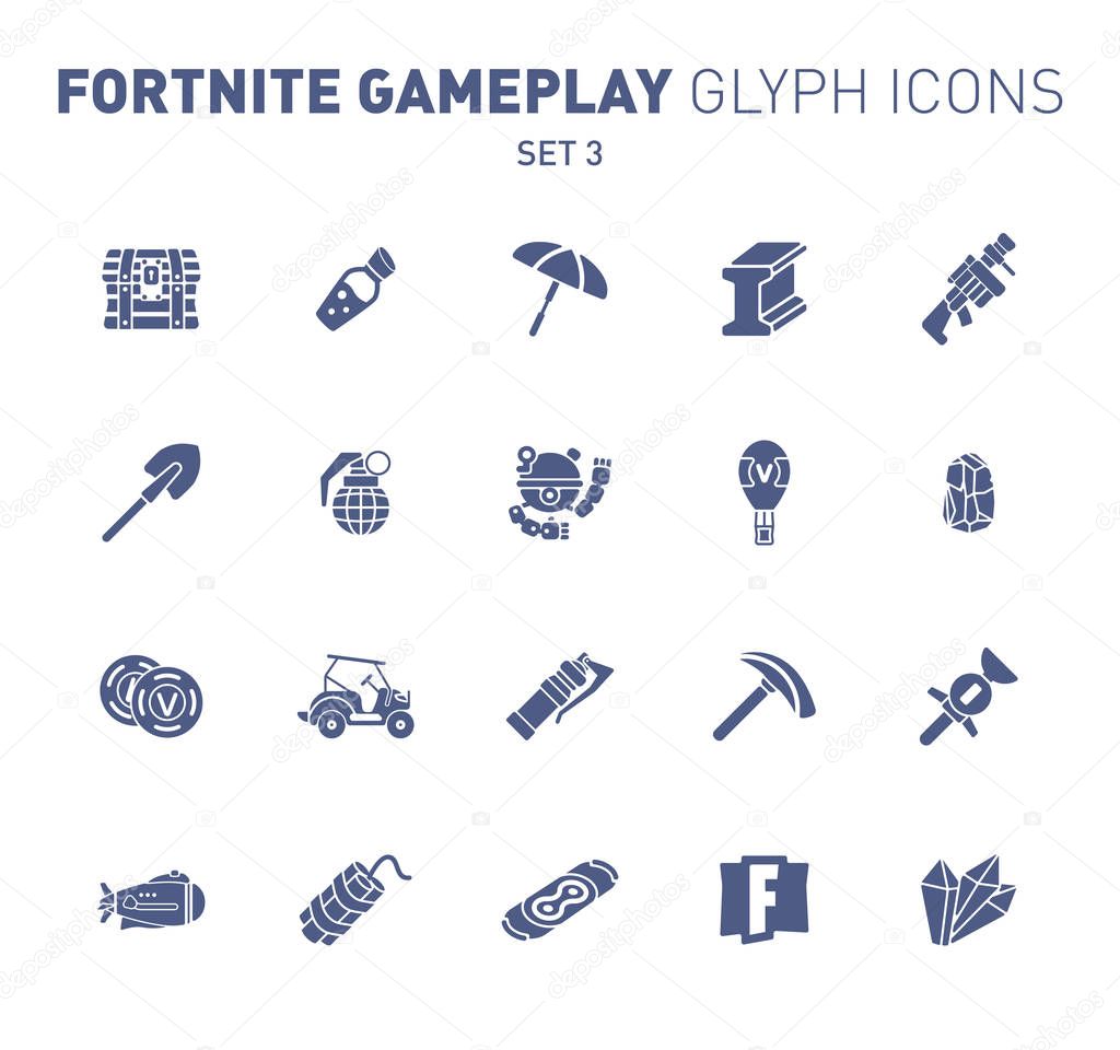 Popular epic game glyph icons. Vector illustration of military facilities. Crystal, mineral, grenade and other weapons. Solid flat design. Set 2 of blue icons isolated on white background.