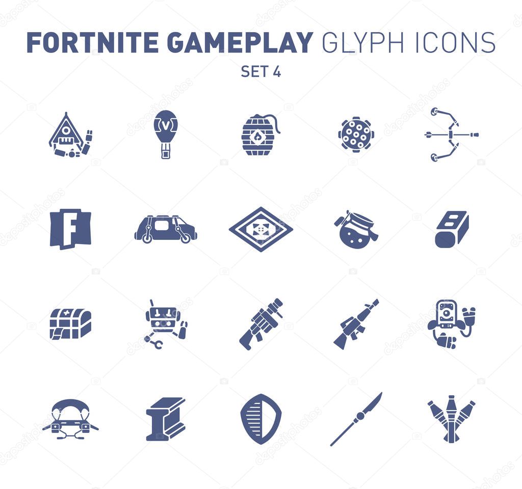 Popular epic game glyph icons. Vector illustration of military facilities. Blast Powder, air balloon, rockets, and other weapons. Solid flat design. Set 4 of blue icons