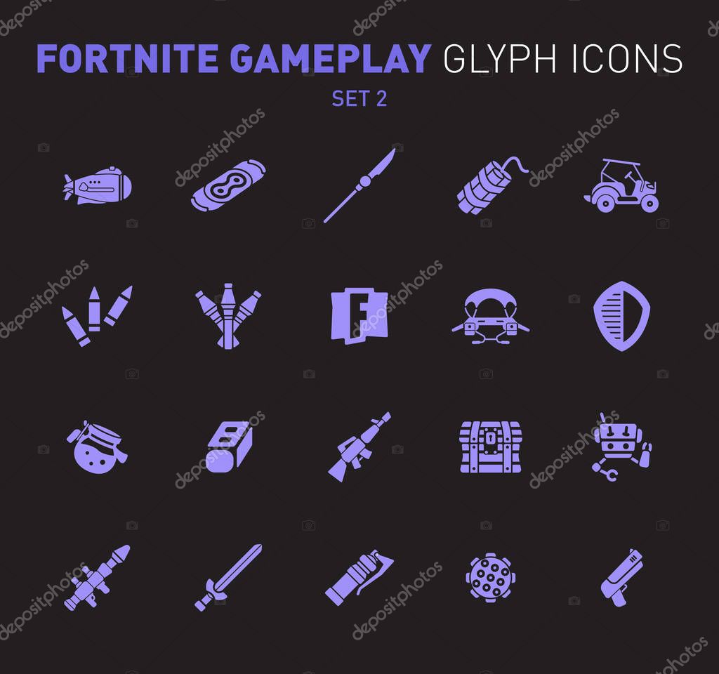 Popular epic game glyph icons. Vector illustration of military facilities. Airship, drift board, grenade, buggy, and weapons. Solid flat design. Set 2 of violet icons