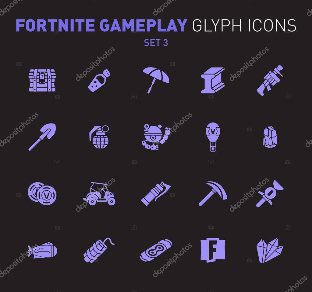 Popular epic game glyph icons. Vector illustration of military facilities. Chest, coins, umbrella and other weapons. Solid flat design. Set 3 of violet icons