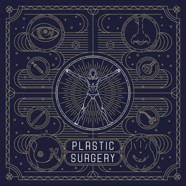 Vektör siyah düz, plastik cerrahi için anahat tasarım posteri. Kadın vücut, göz, burun, meme, karın ile Estetik Kliniği için Reklamlar. Lineer kart izole altın elementler: cerrahi ekipman ve vücut parçası
