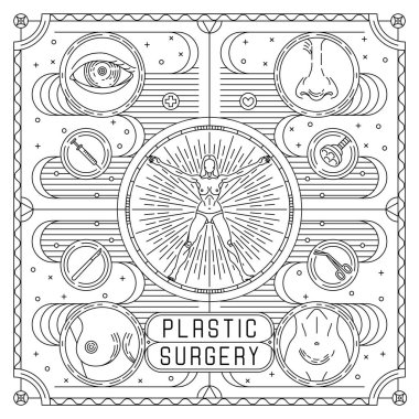 Vektör düz, plastik cerrahi için anahat siyah beyaz tasarım posteri. Kadın vücut, göz, burun, meme, karın ile Estetik Kliniği için Reklamlar. Lineer kart: cerrahi ekipman ve vücut parçası izole