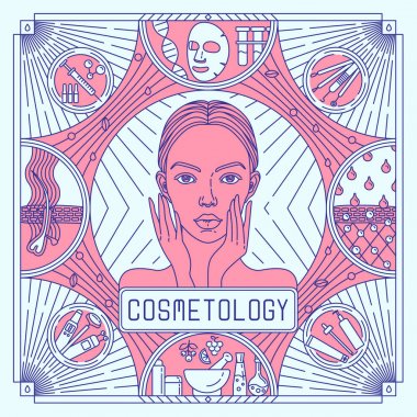 Vektör düz, anahat pembe ve cilt bakımı için mavi tasarım poster. Kadın portre, akne çıkarıcı, cilt yapısı, krem ile kozmetoloji reklamları. Doğrusal kart: beyaz üzerinde izole kozmetik ekipmanları