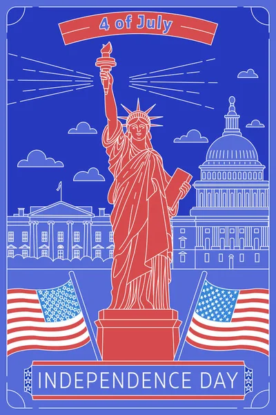 Glücklicher Gedenktag. Vektor illustrierte Grußkarte mit Stern, weißem Haus, Freiheitsstatue und US-Flagge. Nationaler amerikanischer Feiertag. flache Vektordarstellung mit blau und rot isoliertem Element — Stockvektor