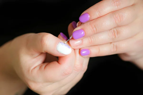 Woman Making Manicure Herself Home Painting Nails Watercolor Seen Only — Stock Photo, Image