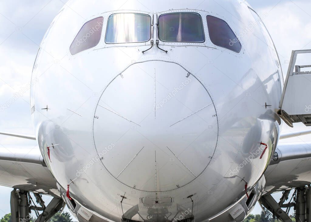 Nose and cockpit of Boeing 787-8 Dreamliner, front view