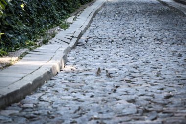 Çökmüş kaldırımları olan eski kaldırım taşı caddesi. Yağmur suyundan geliyor.