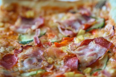 Ev yapımı pastırmalı, mantarlı, salamlı, biberli, soğanlı ve salatalıklı pizza.  