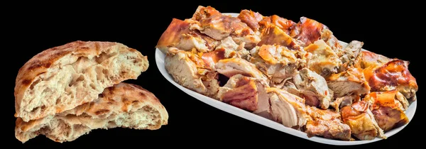 Plateful Spit Roasted Pork Meat Slices Leavened Flatbread Torn Loaf — Foto de Stock