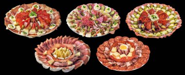 Beş tabak koleksiyonunu meze lezzetli yemekler siyah arka plan üzerine izole süslenmiş