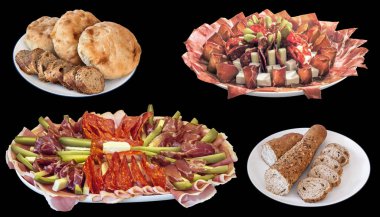 Geleneksel süslenmiş meze lezzetli yemekleri ile mayalı gözleme somun ve siyah arka plan üzerine izole ayrılmaz baget dilimlenmiş