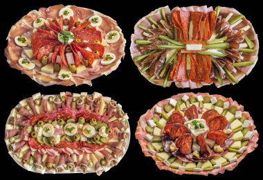 Dört süslenmiş meze lezzetli yemekler siyah arka plan üzerine izole topluluğu.