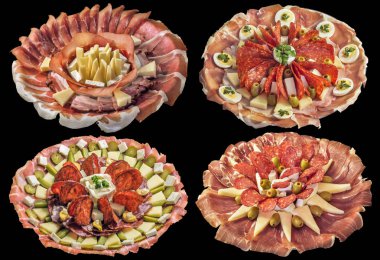 Dört süslenmiş meze lezzetli yemekler siyah arka plan üzerine izole topluluğu.