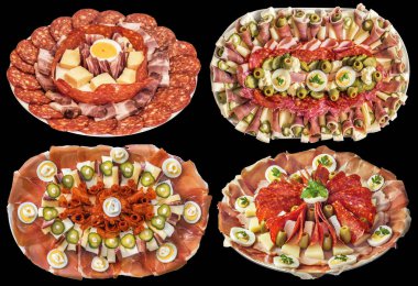 Dört süslenmiş meze lezzetli yemekler siyah arka plan üzerine izole topluluğu