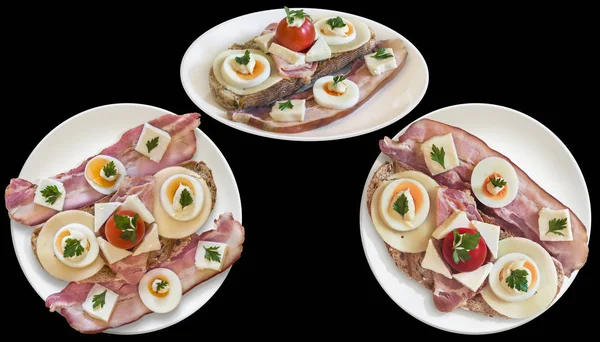 Garnished Gourmet Bacon Cheese Egg Ham Tomato Sandwiches White Porcelain — Stock Photo, Image