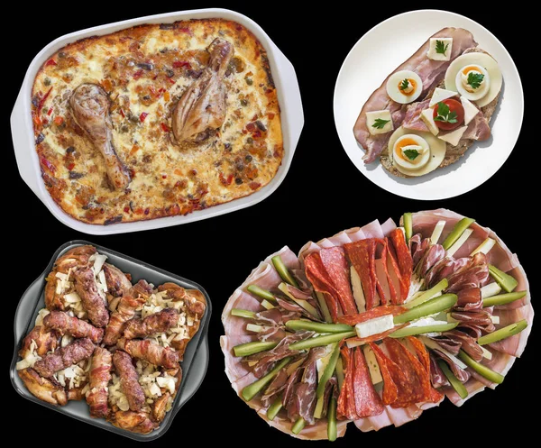 Meze lezzetli tavuk yahni yanı sıra ile gurme pastırma ve yumurta sandviç ve mangalda kıyılmış et somunları siyah arka plan üzerine izole çanak süslenmiş