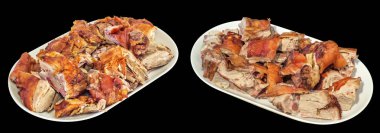 Fotoğraf geleneksel gurme taze tükürmek kavrulmuş domuz sulu gevrek et dilimleri, beyaz dikdörtgen porselen tabaklarda servis, siyah arka plan üzerinde izole.