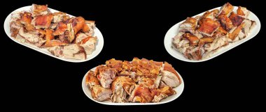 Photograph of traditional gourmet delicious freshly spit roasted pork juicy crunchy succulent meat slices, served on white oblong porcelain platters, isolated on black background. clipart