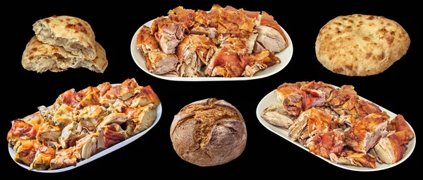 Plateful of Gourmet Spit Roasted Pork Meat Slices with Traditional Pita Leavened Flatbread and Brown Whole Wheat Integral Bread Loaves Isolated on Black Background