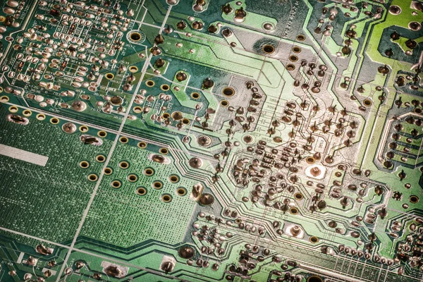 Computadora Microcircuito electrónico Motherboard Detalle Verde Vignette Fondo — Foto de Stock