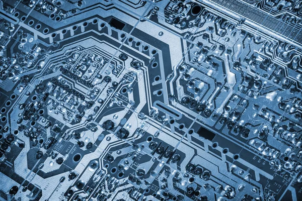 コンピュータ電子マイクロ回路マザーボード詳細モノクロブルービネット背景 — ストック写真