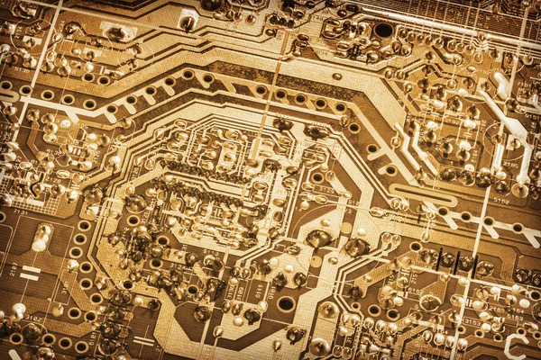 Computadora Microcircuito electrónico Motherboard Detalle Color oro Monocromo Vignette Fondo — Foto de Stock