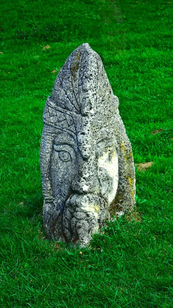 Kopf Eines Steinernen Idols Auf Einer Waldwiese Heidnischer Gott Nahaufnahme — Stockfoto