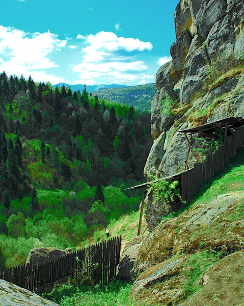 Ліс Гори Стародавнє Зруйноване Укріплення Між Двома Скелями — стокове фото