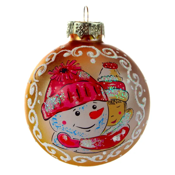 Jouets Noël Boule Dorée Avec Motif Bonhomme Neige Objet Isolé — Photo