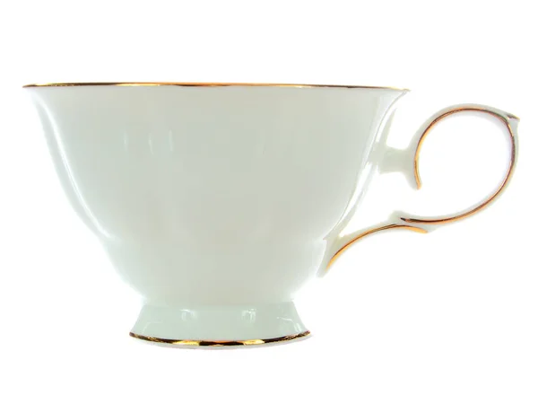 Fehér Porcelán Csésze Arany Berendezés Oldalsó Kilátással Elkülönített Objektum Egy — Stock Fotó
