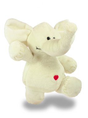 Sevgililer tatil, kırmızı kalp, beyaz peluş fil, yürür. Beyaz bir arka planda, closeup yalıtılmış nesne.