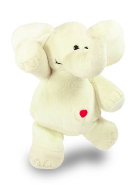 Sevgililer günü, kırmızı kalp, beyaz peluş fil, selamlaşma. Beyaz arkaplandaki izole nesne, yakın plan.