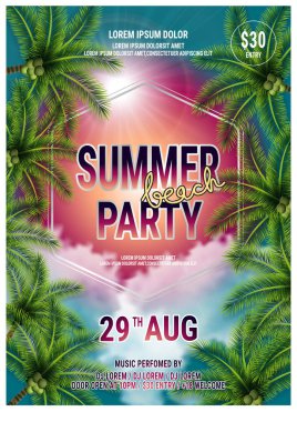 Palmiye ağaçları ile doğa arka plan üzerinde tipografik tasarım ile Summer Beach Party Flyer Tasarım. vektör afiş, afiş, kart