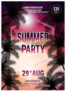 Palmiye ağaçları ile doğa arka plan üzerinde tipografik tasarım ile Summer Beach Party Flyer Tasarım. vektör afiş, afiş, kart