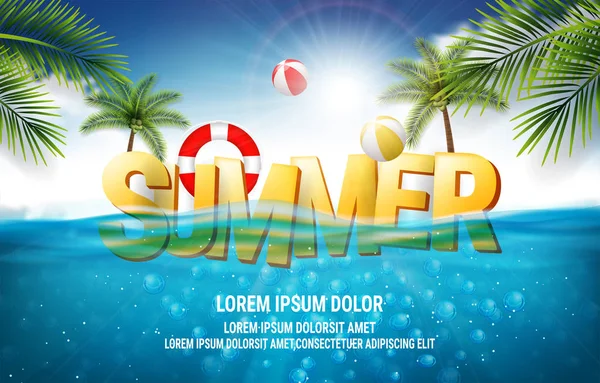 Yaz deniz posteri. Derin sualtı okyanus manzaralı vektör çizimi. Gerçekçi bulutlar ve 3D yazı içeren arkaplan