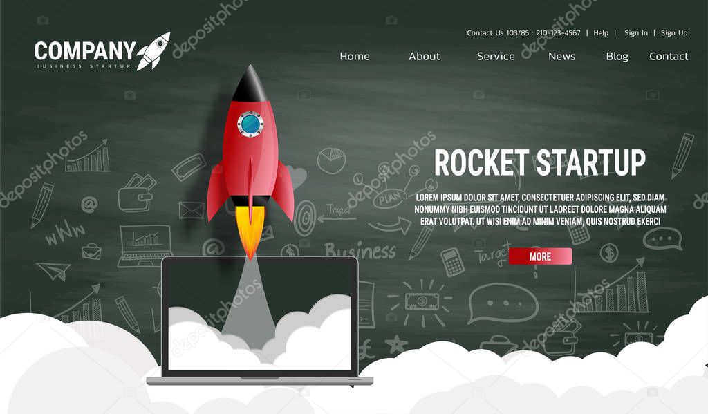 Website landing home page with rocket. Business project startup and development modern flat background. Mobile web design template. Web banner design. Startup concept. 