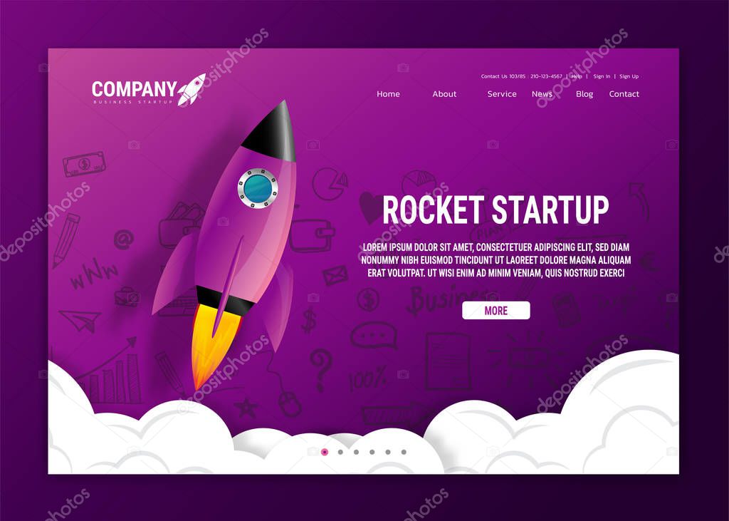 Website landing home page with rocket. Business project startup and development modern flat background. Mobile web design template. Web banner design. Startup concept. 