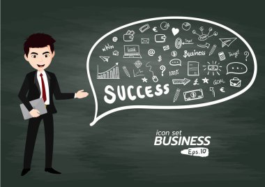 İş ve finans ikonu seti, finansör sunum yapıyor. Vektör el çizim illüstrasyon