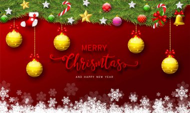 Sezonluk Dilekleri ve Gerçekçi Görünümlü Noel Ağacı dallarıyla Tatilin Arkaplanı 