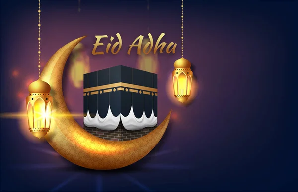 Felice Eid Adha Con Kabah Mezzaluna Oro Sfondo Islamico — Vettoriale Stock