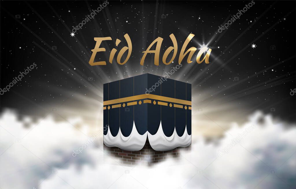 Kaaba vector for hajj mabroor in Mecca Saudi Arabia, mean ( pilgrimage steps from beginning to end - Arafat Mountain ) for Eid Adha Mubarak - Islamic background on sky and clouds 