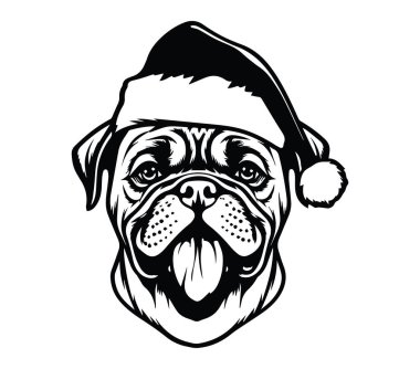 Tatil kutlamaları için Noel Baba Şapkası giyen sevimli pug köpeği.