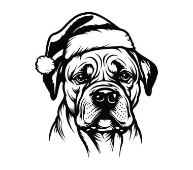 Siyah ve Beyaz Tasarımlı Noel Baba Şapkası Giyen Şirin Köpek