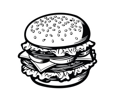 Susam Tohumu Çöreğiyle El Çizimi Burger İllüstrasyonu