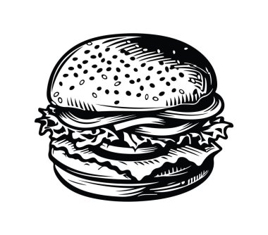 Klasik Siyah ve Beyaz El Çizimi Hamburger Çizimi