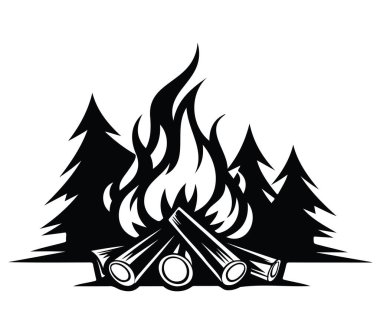 Siyah Siluette Çam Ağaçları ve Kütüklerle Kamp Ateşi Sahnesi