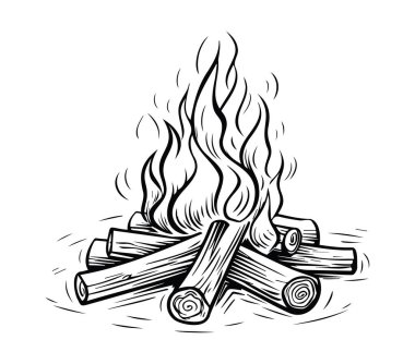 Yanan Kütükler ve Alevler Tasarımı ile El Çizimi Kamp Ateşi