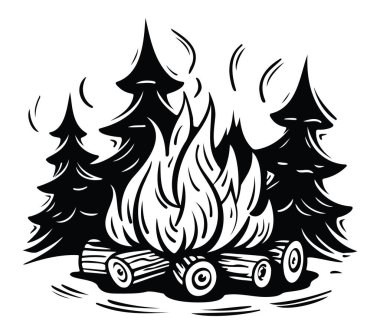 Klasik Ahşap Kesim Tarzı ile Çam Ağaçlarının Altında Kamp Ateşi